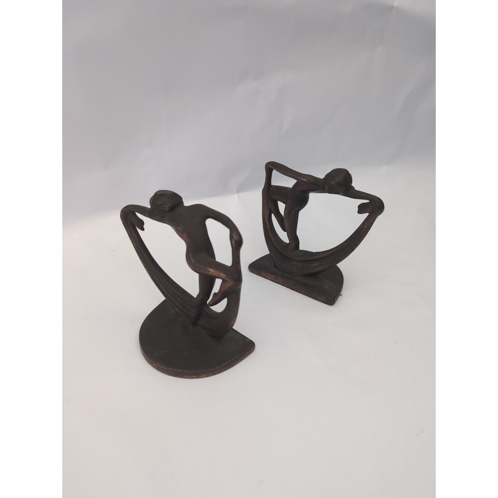 BookENDS  ART DECO BRONZE PAIR OF WOMEN w SCARF DANCING VINTAGE 1920 s OFFICE